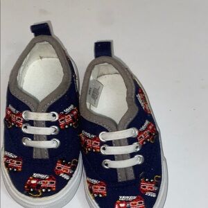 Navy Blue Baby Walker Shoes with Fire Truck Design